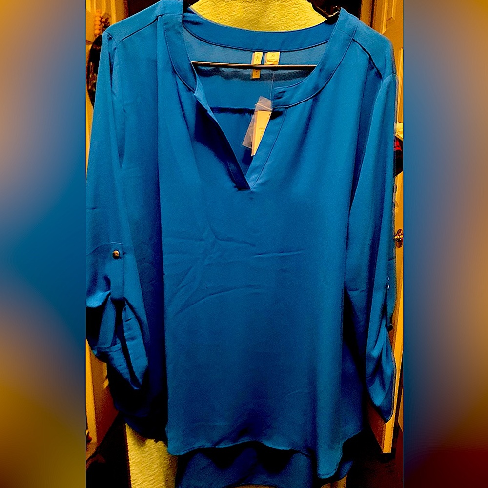 Cato Blue Blouse with Cuffed Sleeves and Mandarin Collar